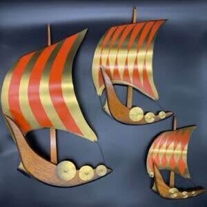 MCM teak and brass wall hanging boat set. Still in original box.